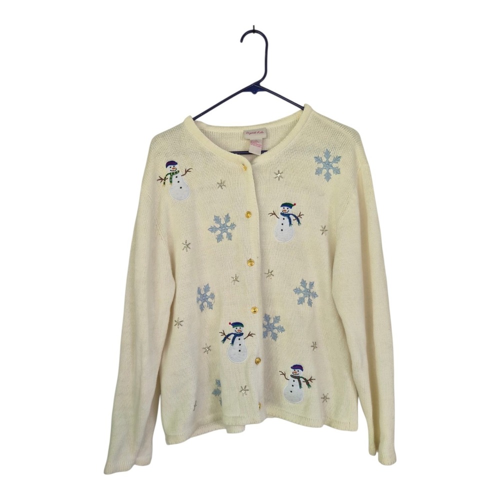 Vintage Crystal Kobe Snowman Snowflake Christmas Cardigan Sweater Size L